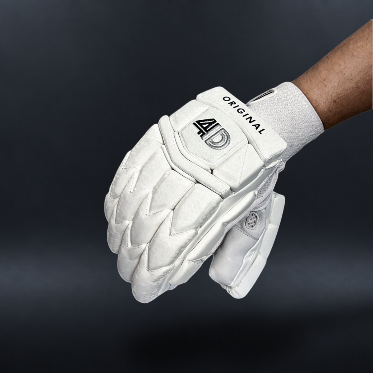 4D Cricket Original white batting glove on dark background